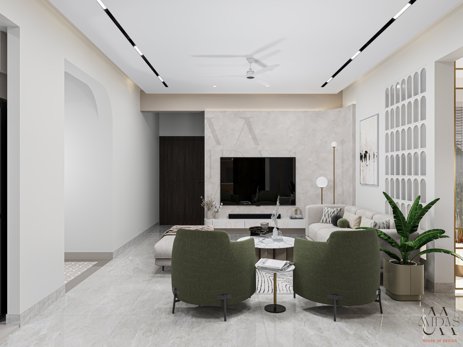 Living room stone TV wall brass globe floor lamp CNC 3D arched panel wall sage green chairs marble coffee tables linear LED ceiling Bangalore apartment