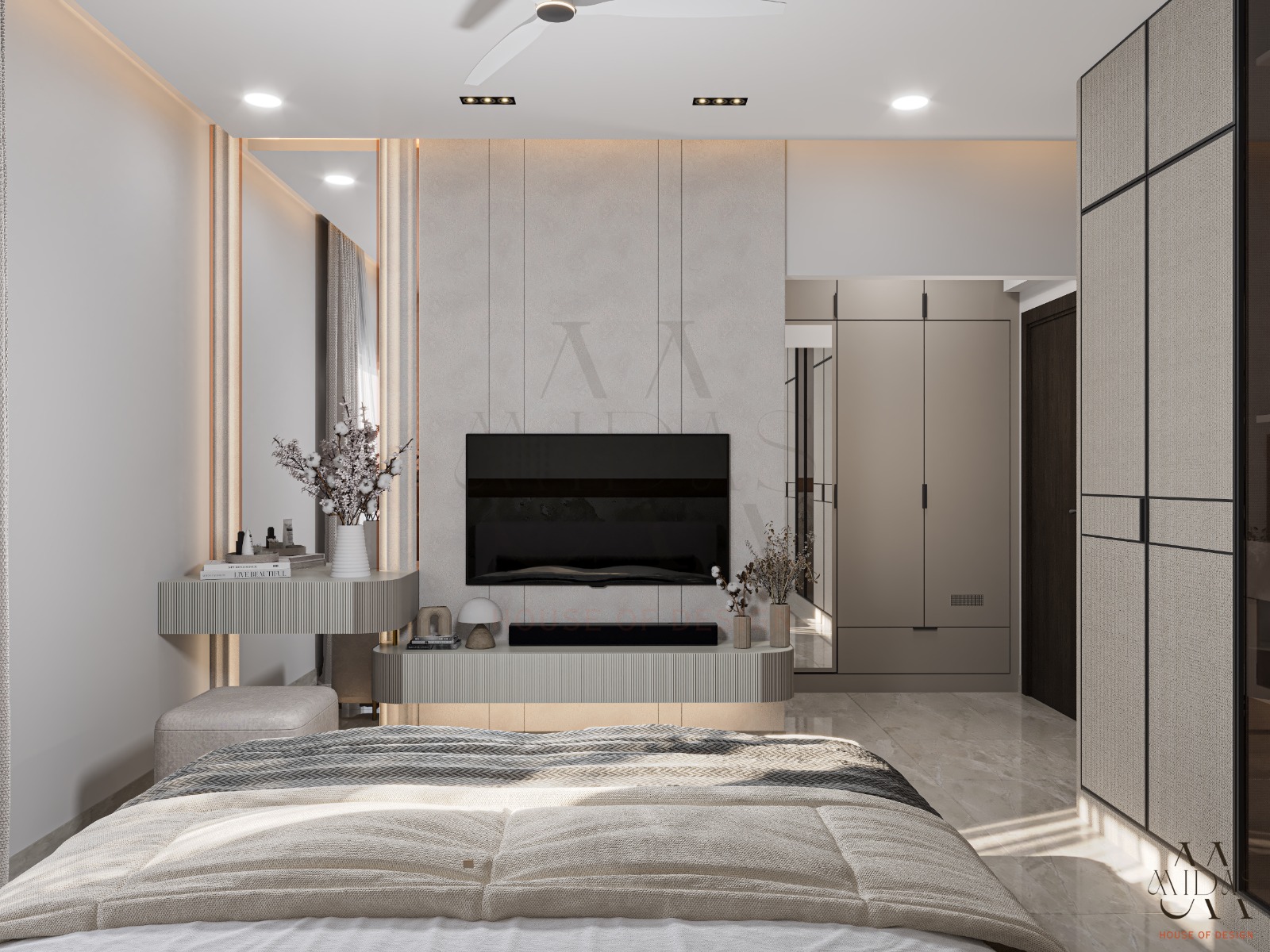 Master bedroom wardrobe wall featuring floor-to-ceiling premium profile-door wardrobe in textured linen panels with dark glass grid frames, bespoke ribbed fluted TV console, integrated dressing console with vertical gold-strip framed mirror, and soft vertical textured wall panels — luxury master bedroom, Bangalore.