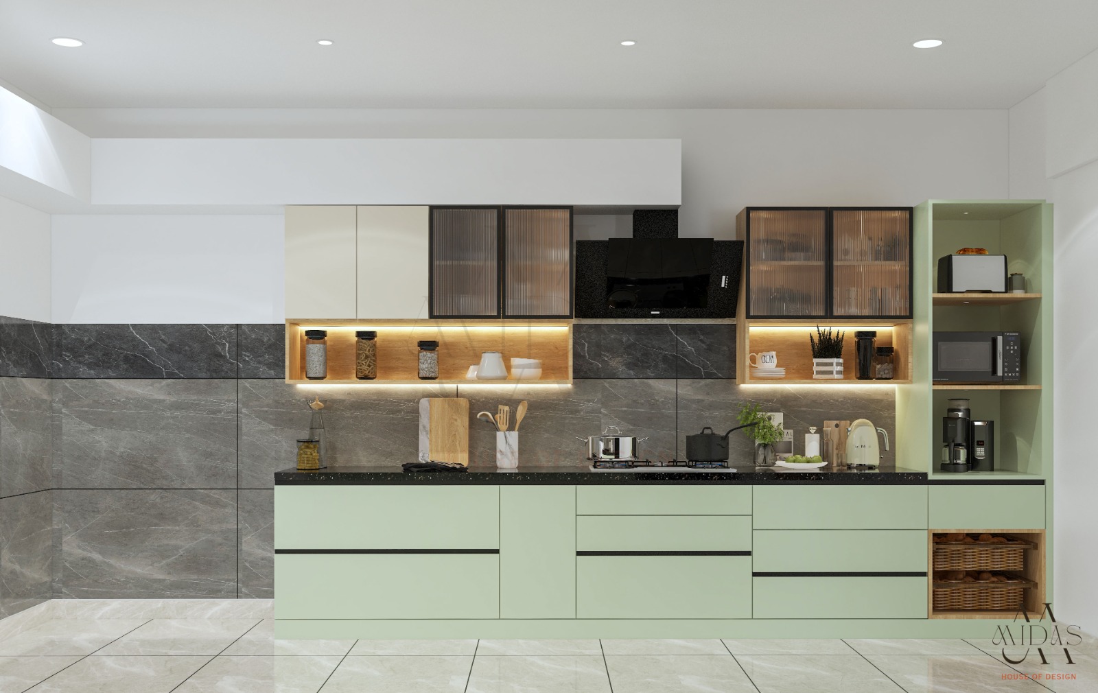 Modular kitchen in Bangalore — mint green cabinets, dark grey marble backsplash, black countertop, amber glass uppers, LED strip lighting