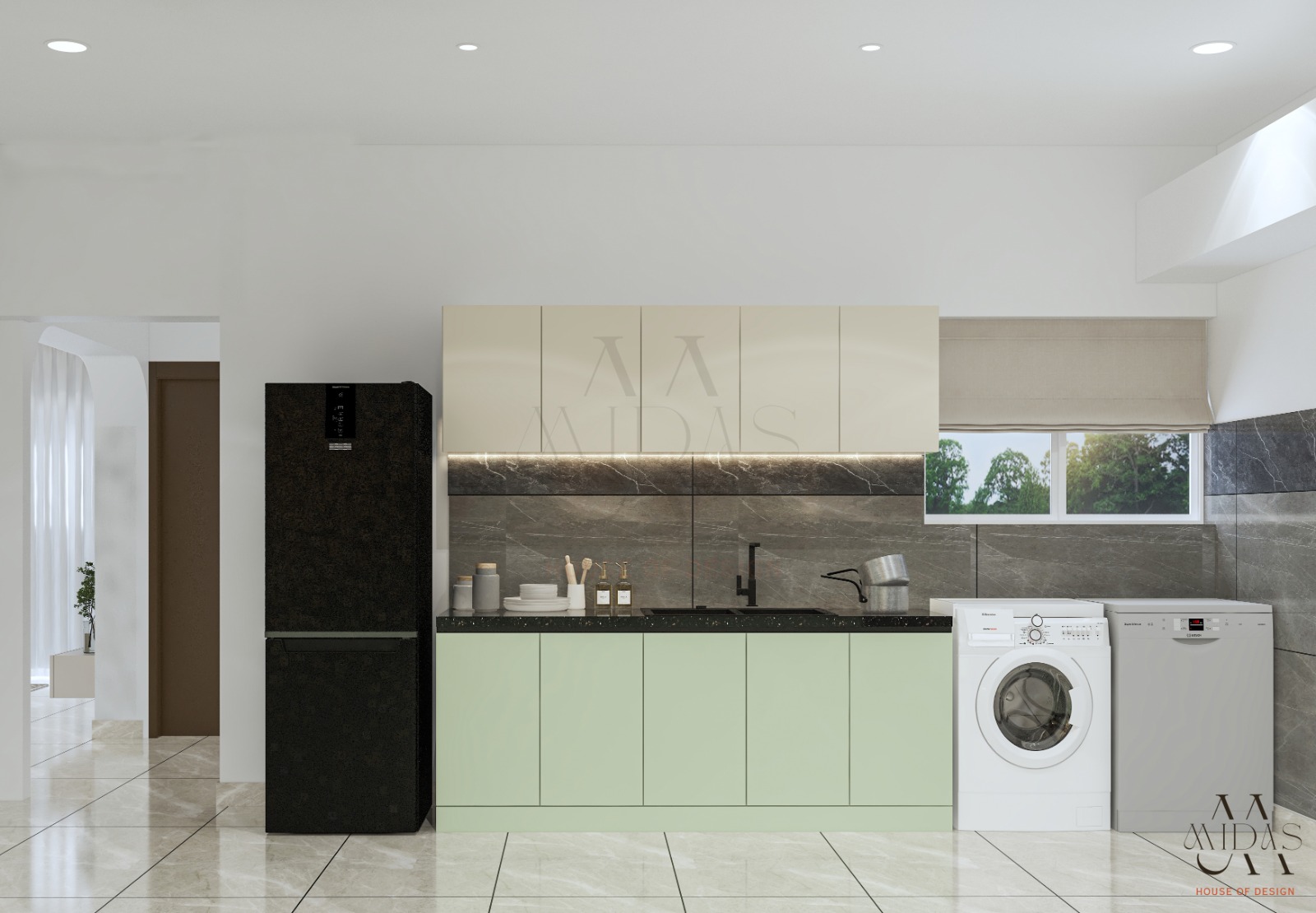 Modular kitchen in Bangalore — mint green lower cabinets, black matte sink, large refrigerator, dark marble backsplash, cream upper cabinets