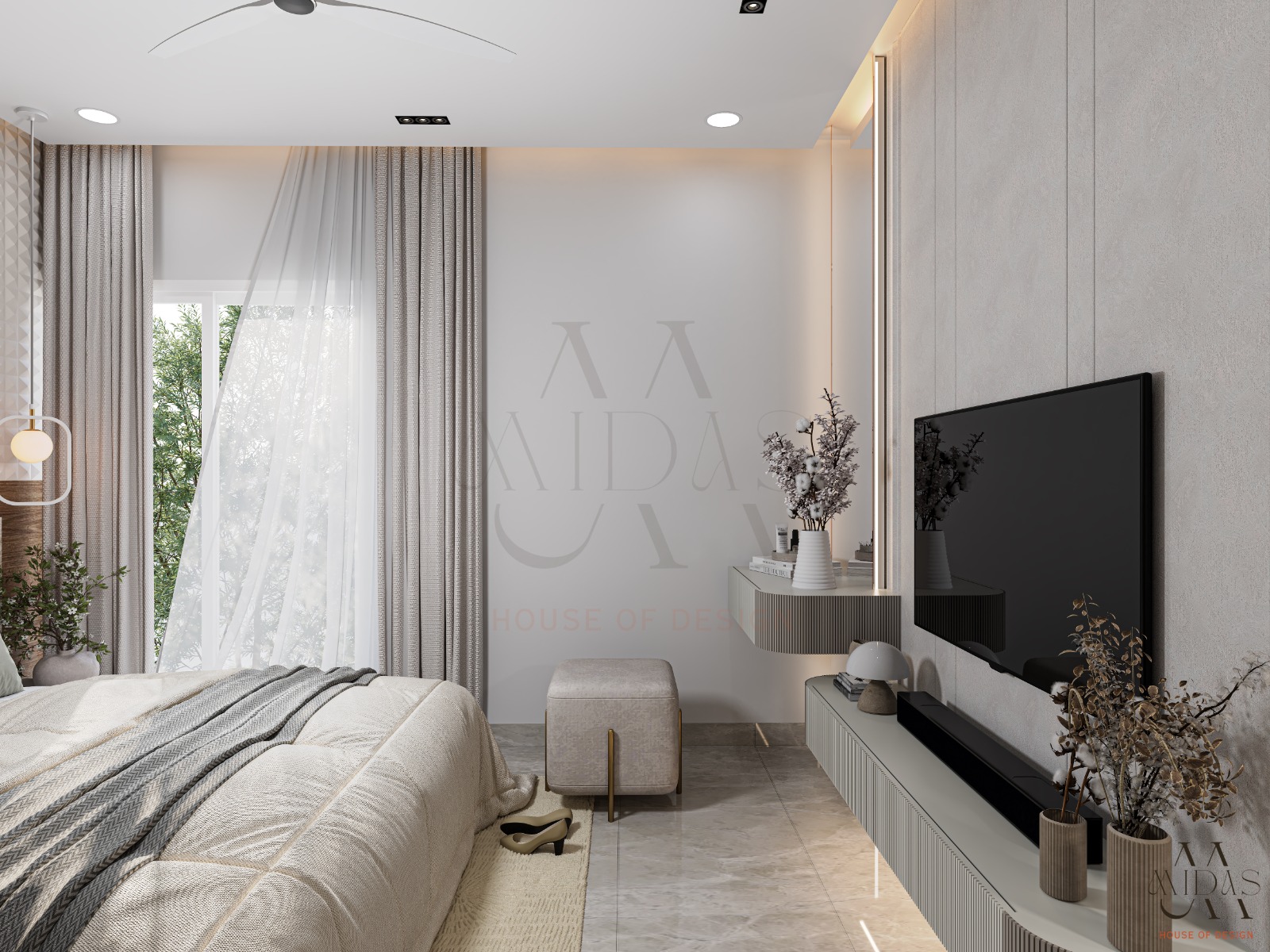 Master bedroom cream upholstered bed floating fluted dressing vanity fluted TV console sheer curtains green canopy gold leg pouf Bangalore luxury interior