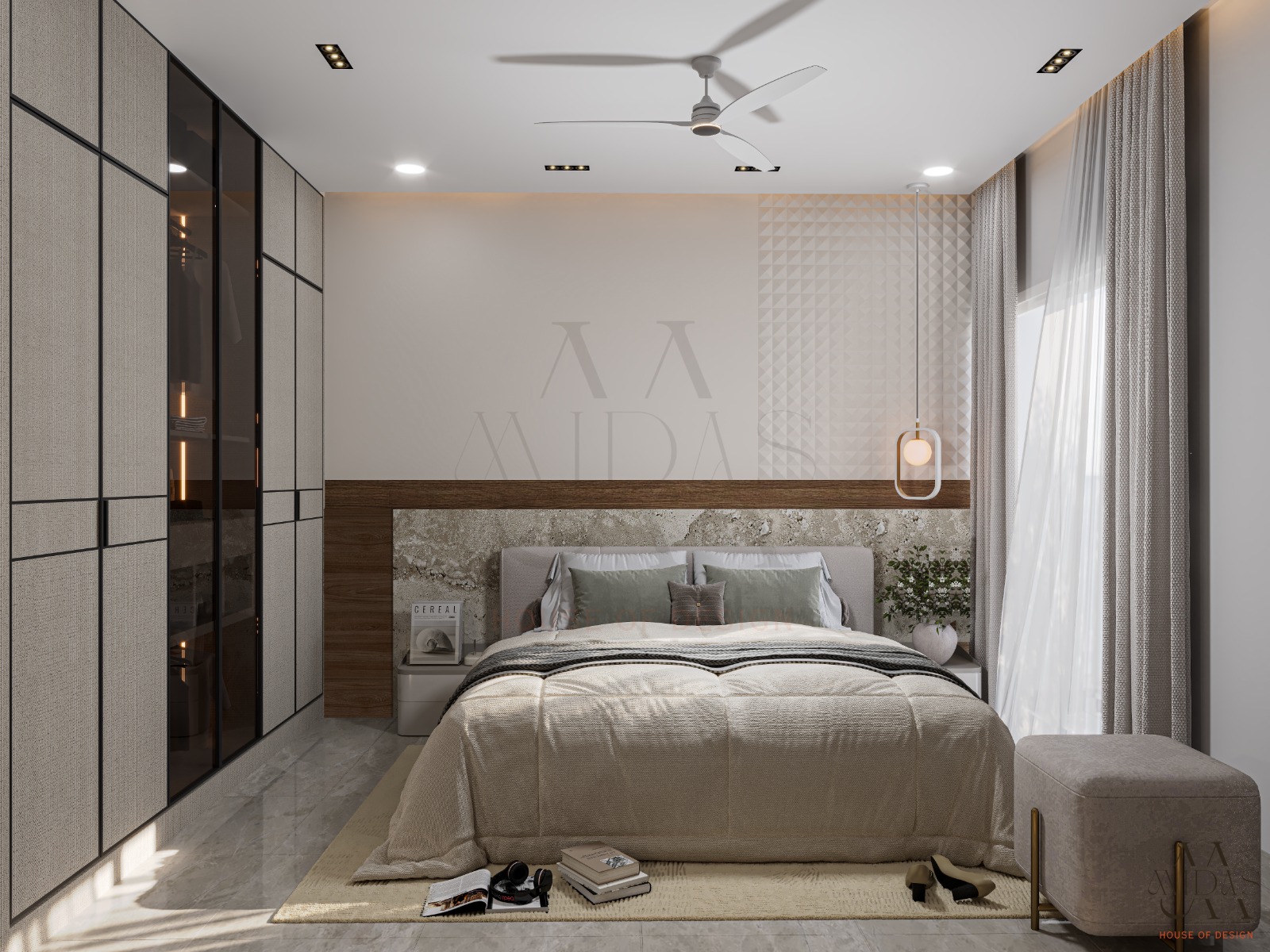 Master bedroom with floor-to-ceiling premium profile-door wardrobe in textured linen panels and dark glass grid frames, stone-textured feature wall, horizontal walnut wood panel headboard frame, sage green linen accent pillows, geometric diamond plaster wall panel, and delicate gold-ring pendant light — luxury master bedroom interior, Bangalore.